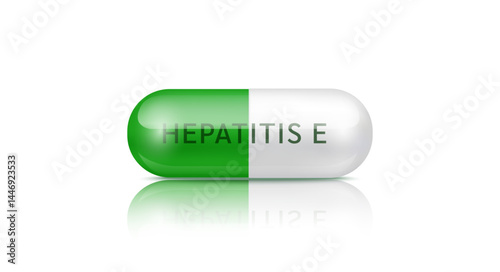 Medical pill Hepatitis E infectious disease. Capsule drug green painkiller, antibiotic isolated on white background. Medical pharmaceutical and treatment concept. 3d realistic vector.