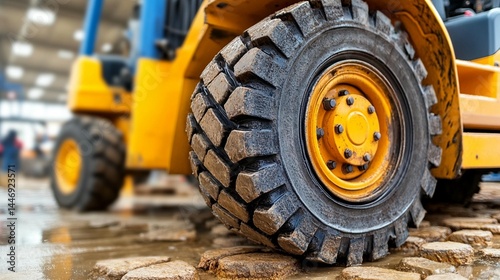 Close-up of a muddy tire on a yellow forklift, parked on wet paving stones.