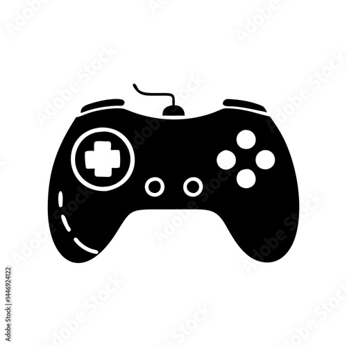 Retro Wired Video Game Controller, Black Silhouette Illustration, Classic Gaming Device