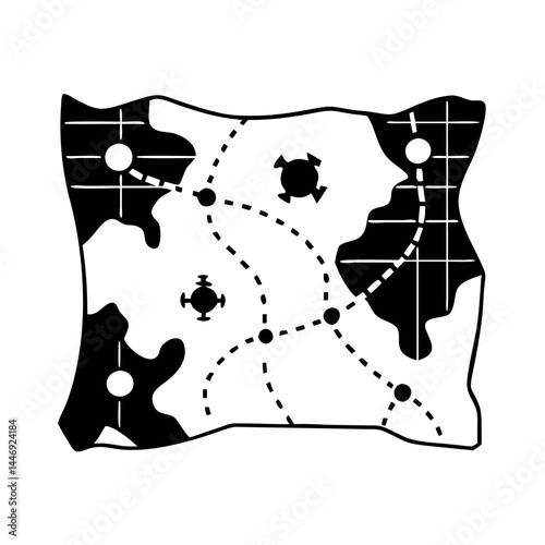 Monochrome stylized illustration of a map with dotted paths and various icons