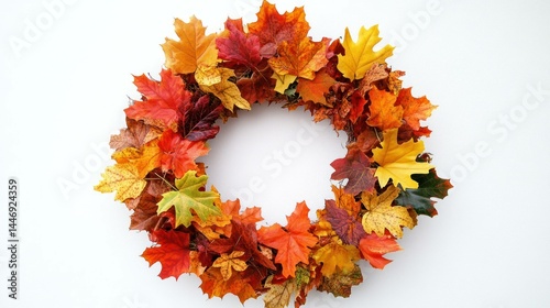 Fototapeta Naklejka Na Ścianę i Meble -  A vibrant wreath of colorful fall leaves against a clean white backdro