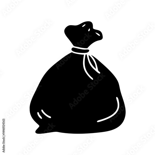 Stylized black garbage bag sack isolated on a clean white backdrop