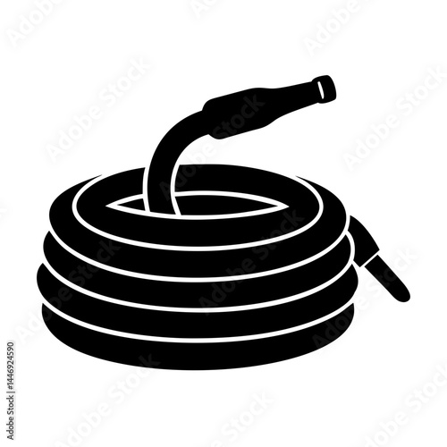 A black and white illustration of a coiled garden water hose