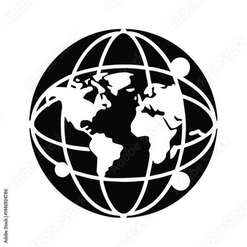 Monochrome world globe with orbital rings and satellite nodes illustration