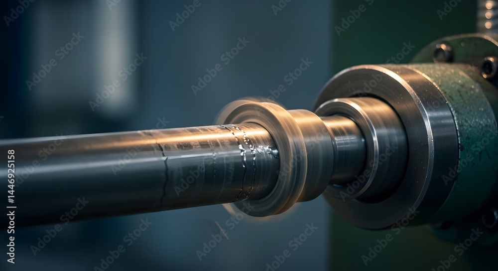 Close-up view of a metal rod being machined on a lathe machine in a factory setting. The metal is spinning and being shaped by the cutting tools. Industrial manufacturing process Close-up view of a metal rod being machined on a lathe machine in a factory setting. The metal is spinning and being shaped by the cutting tools. Industrial manufacturing process