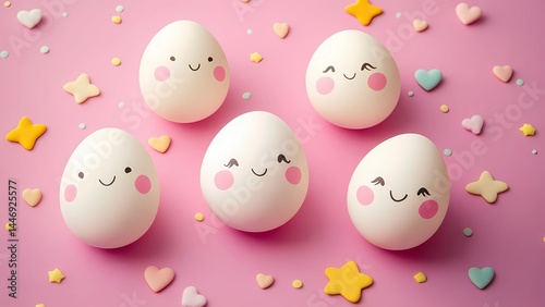 Cute Easter Eggs with Faces on Pink Background