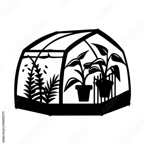 Black and white greenhouse silhouette with potted plants and foliage design
