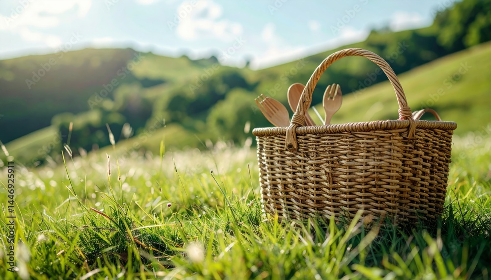 Picnic Basket With Utensils In Green Field Picnic Basket With Utensils In Green Field