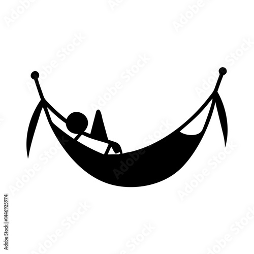 Stick figure relaxing in a hammock between two trees in silhouette art