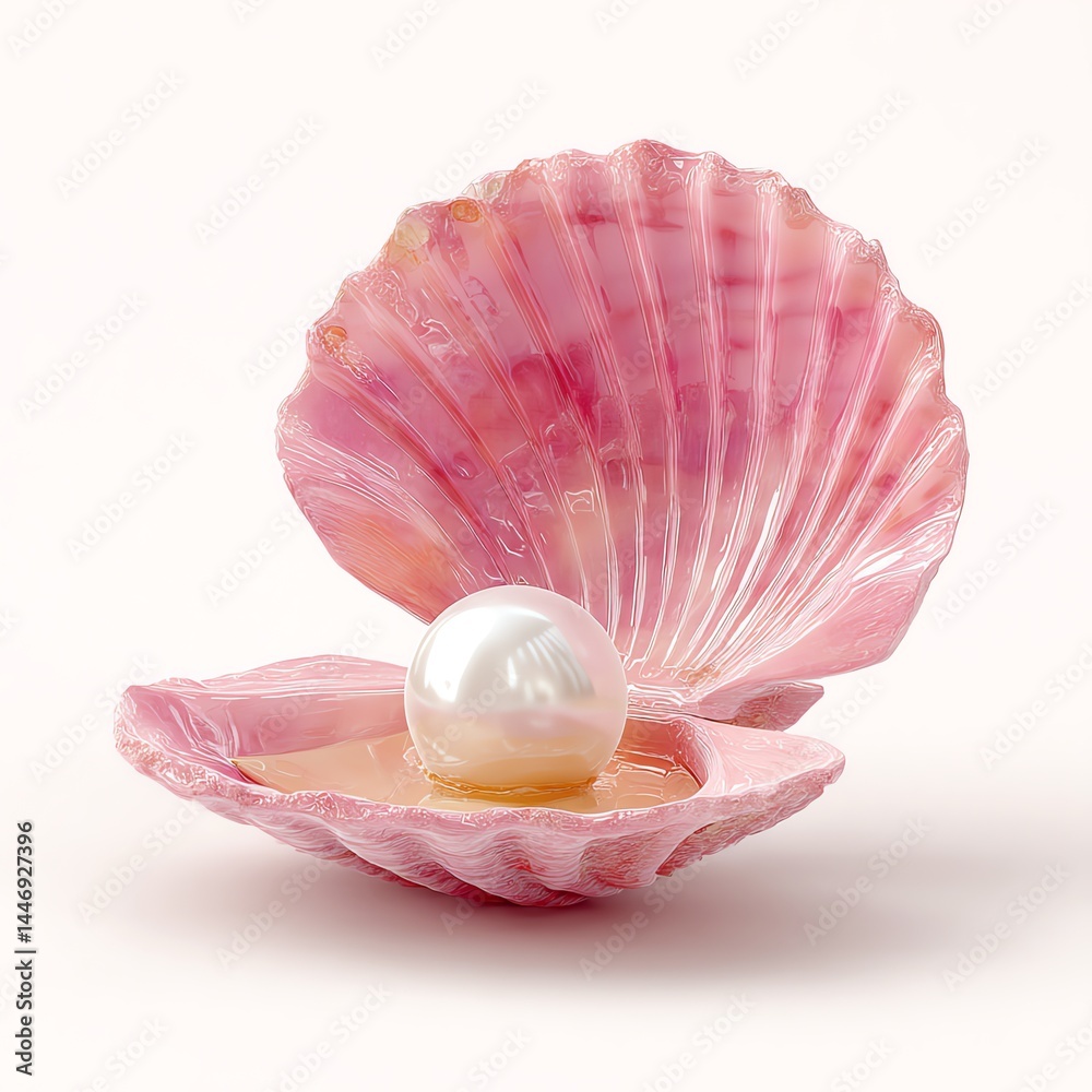 Fototapeta premium A lustrous pearl rests within a delicate, pink seashell, a symbol of beauty and serenity against a clean white background.