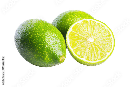 Three whole limes and one halved lime are displayed closely together on a dark background, capturing the vibrant green and yellow hues of the citrus fruit.