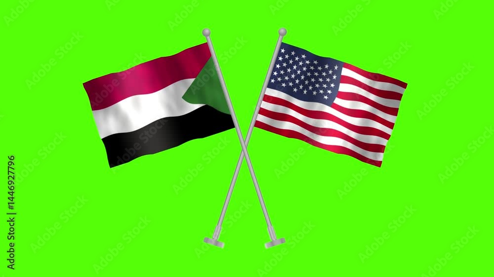 Flag of Sudan and USA, Cross table flag of Sudan and USA on Green screen chroma key, Sudan and USA 3D Animation flag waving in the wind isolated on Green Background. 
