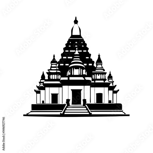 Black and White Silhouette Illustration of a Traditional Asian Temple or Pagoda
