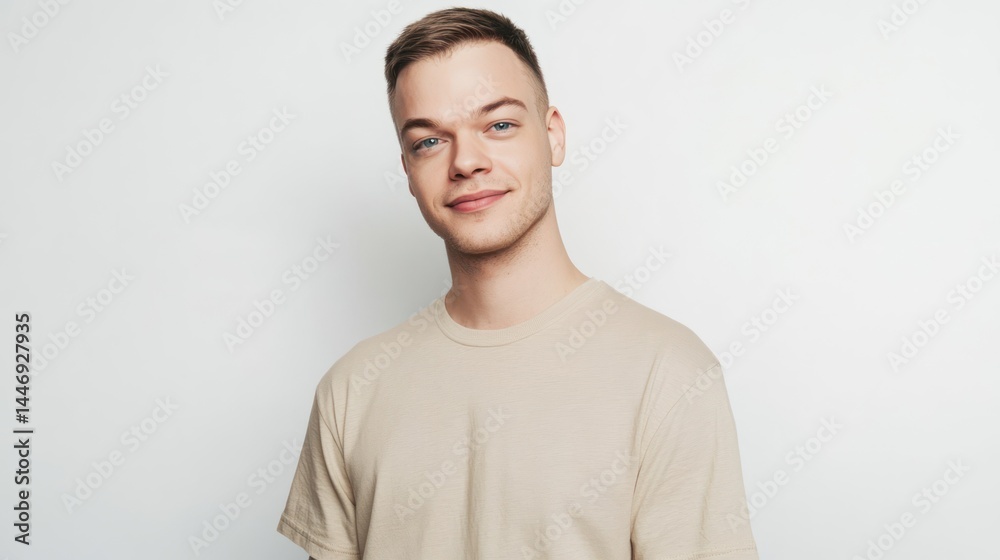 Smiling young man in t-shirt poses in a studio with plain background. Smiling young man in t-shirt poses in a studio with plain background.