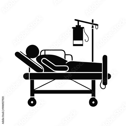 Hospital Patient Icon, Patient Lying in Medical Bed with IV Drip