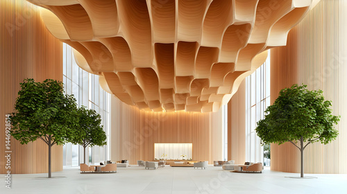 Modern Wood Interior with Unique Ceiling Design in Spacious Lobby