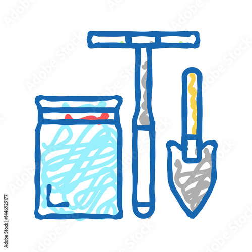 shovel, drill and bag for soil testing icon doodle illustration