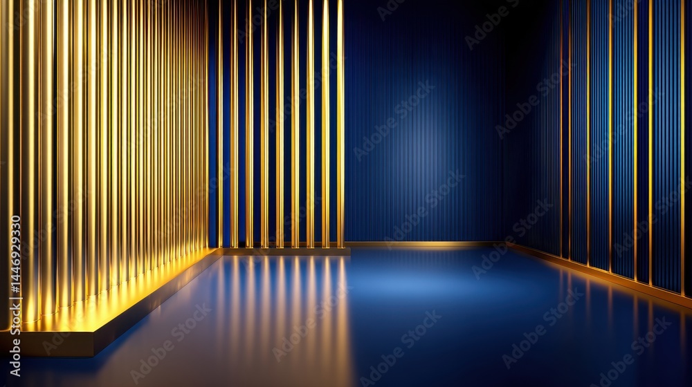 Elegant interior with golden vertical panels and blue reflective floor, creating a modern ambiance Elegant interior with golden vertical panels and blue reflective floor, creating a modern ambiance