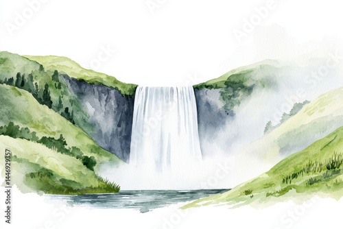 A serene watercolor painting of a mountain waterfall with soft brush texture.