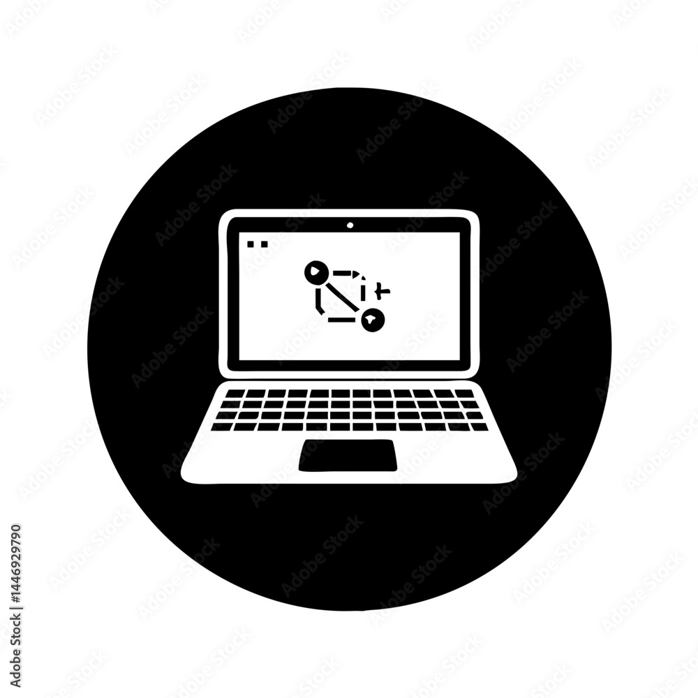Black and White Laptop with Workflow Diagram on the Screen in Circle Black and White Laptop with Workflow Diagram on the Screen in Circle