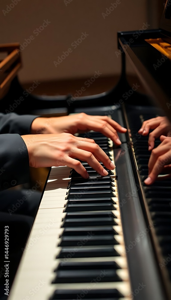 Fototapeta premium two hands on a piano keyboard with a person's hand resting on the piano
