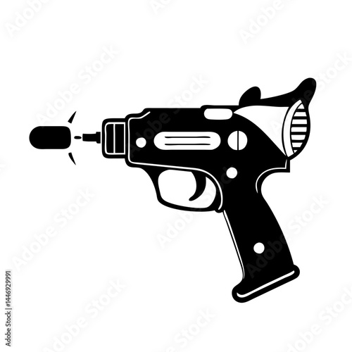 Stylized retro ray gun illustration with futuristic design elements in black and white