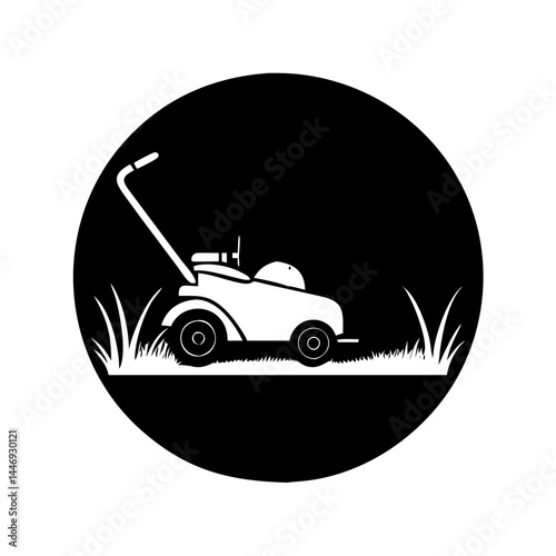Vector illustration of a lawnmower cutting grass in a black circle shape