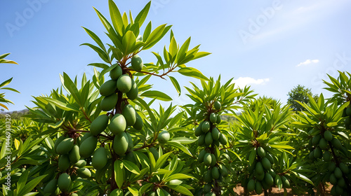 Lush green avocado trees with ripe fruit thrive in organic plantations under sunny Costa Tropical Andalusian skies, with ample copy space for adding text or design.