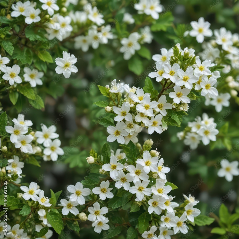 Abundant tiny white flowers adorn a miniature branch nestled in vibrant foliage , floral, macro Abundant tiny white flowers adorn a miniature branch nestled in vibrant foliage , floral, macro