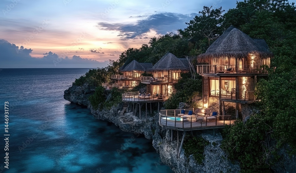 Obraz premium Cliffside luxury villas with thatched roofs, private pools, and ocean views at sunset