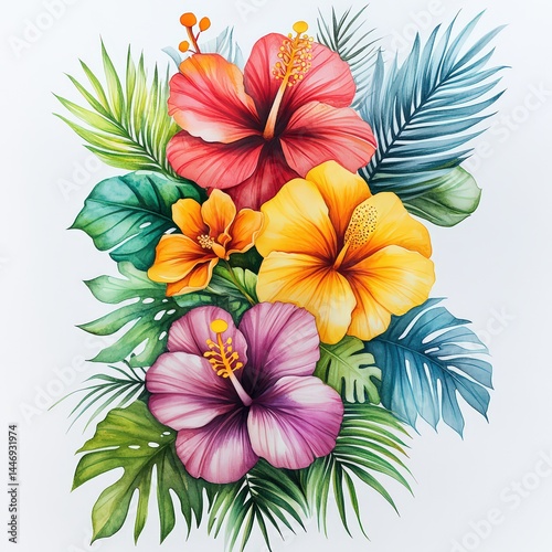 Vibrant Tropical Flowers with Green Foliage in Artistic Composition