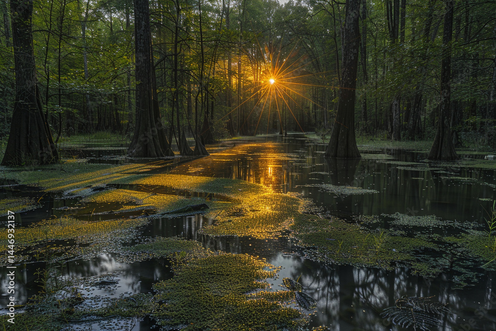Obraz premium Beautiful sunrise illuminates pretty swamp, as pretty first light gently touches pretty horizon, creating appealing mesmerizing play of shadows on pretty trees and marking pretty beginning of appeali