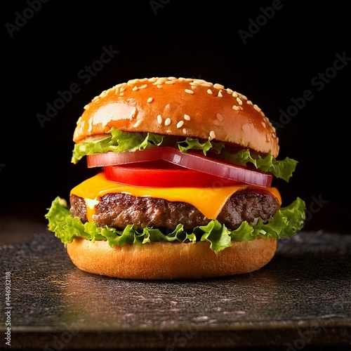 Delicious cheeseburger with lettuce and tomato on sesame bun