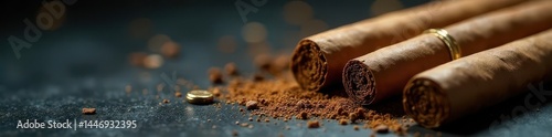 Assortment of cigars and cigarillos with a lighter on a dark surface , shadow, closeup