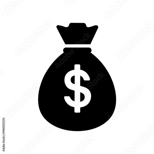 A minimalist black silhouette icon of a money bag featuring a dollar symbol, perfect for representing wealth, savings, investments, banking, and fintech services. Suitable for various financial and bu