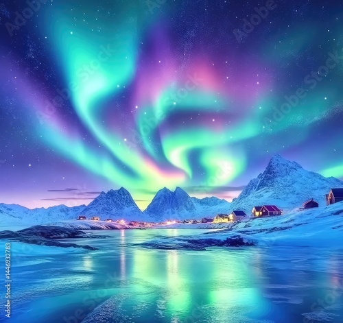 Wallpaper Mural Vibrant aurora borealis illuminates snowy village Torontodigital.ca