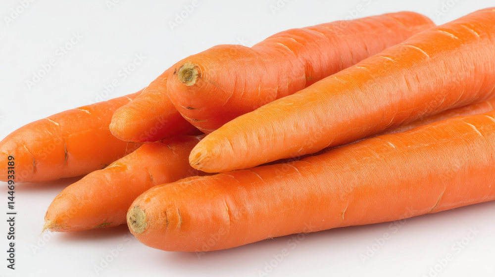 Fresh, vibrant orange carrots, closely clustered, displayed on a white background. Close-up view shows their smooth, slightly textured skin Fresh, vibrant orange carrots, closely clustered, displayed on a white background. Close-up view shows their smooth, slightly textured skin