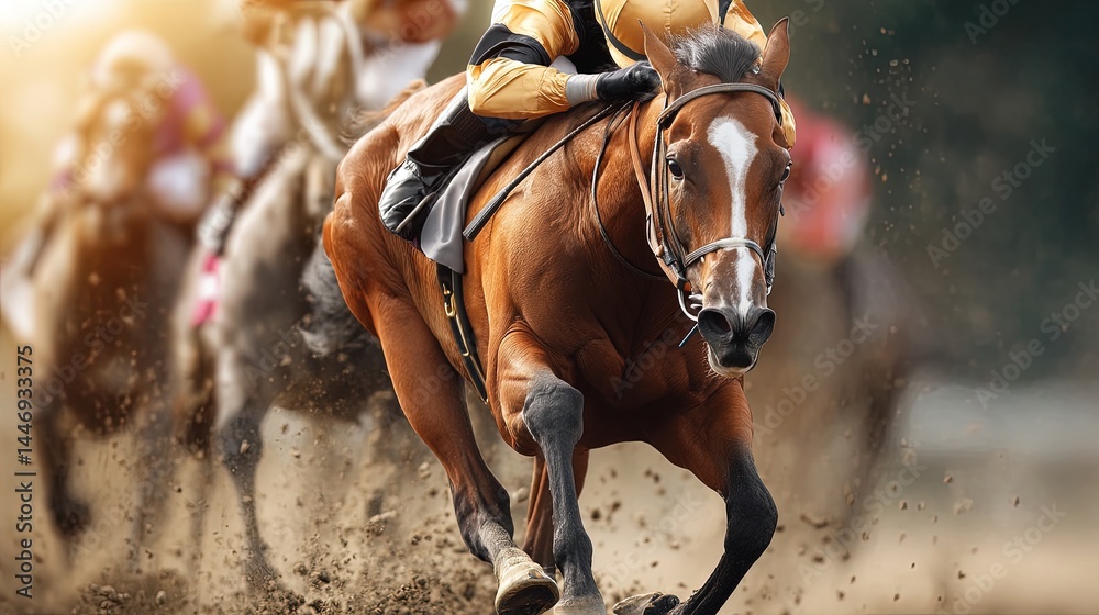 Obraz premium Intense Horse Racing Close-Up with Jockey in Gold and Black Silks at Full Gallop
