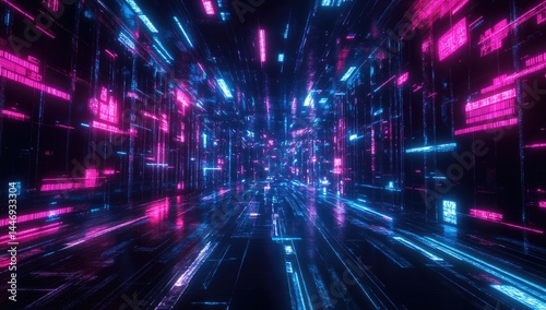 Abstract neon tunnel with glowing lines and data streams
