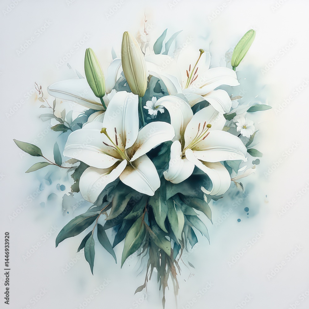 Elegant White Lily Bouquet with Greenery on Soft Background Elegant White Lily Bouquet with Greenery on Soft Background
