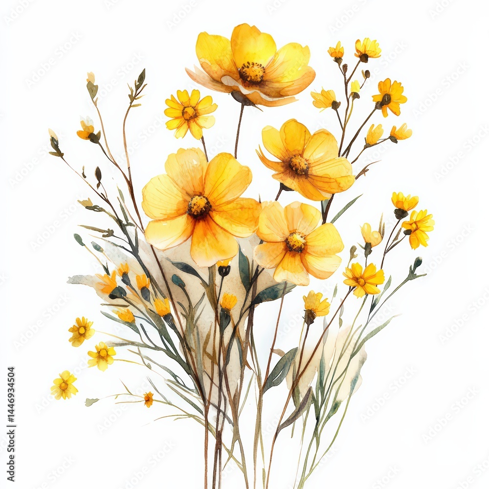 Fototapeta premium Vibrant Yellow Wildflowers in Soft Watercolor Style Illustration