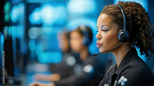 A focused woman with a headset works at a computer in a modern call center with a blue-lit background.