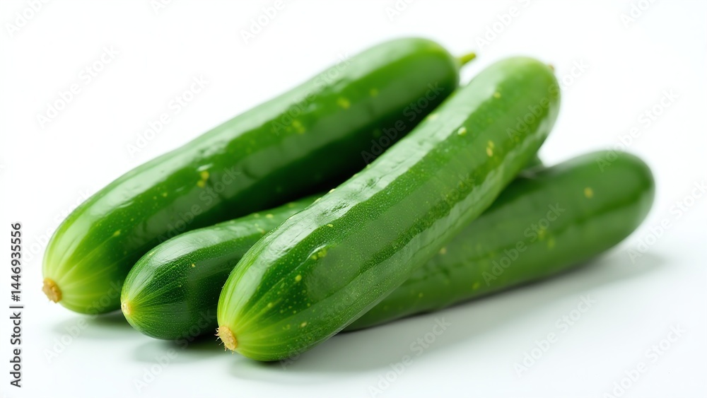 Ripe cucumber bunch, isolated on white background, fresh vegetables with leafy stems, photorealistic macro Ripe cucumber bunch, isolated on white background, fresh vegetables with leafy stems, photorealistic macro