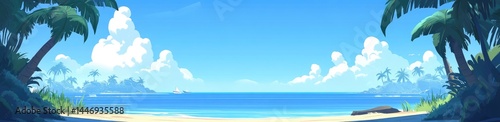 A serene tropical beach scene with lush vegetation, calm waters, and fluffy clouds.