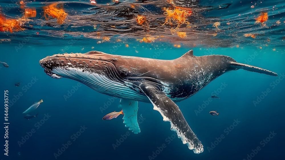 Obraz premium Magnificent humpback whale gracefully swims beneath the shimmering ocean surface
