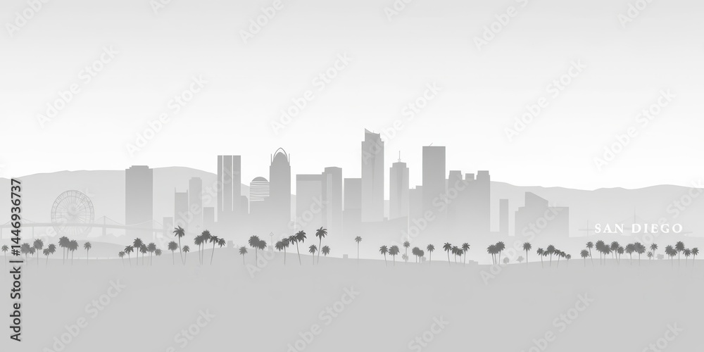 Naklejka premium Black and white silhouette of San Diego skyline, horizontal banner format, vector illustration, template, cityscape illustration