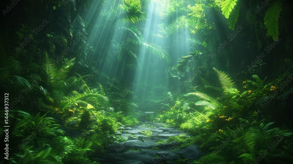 Fototapeta premium Lush jungle path bathed in sunlight