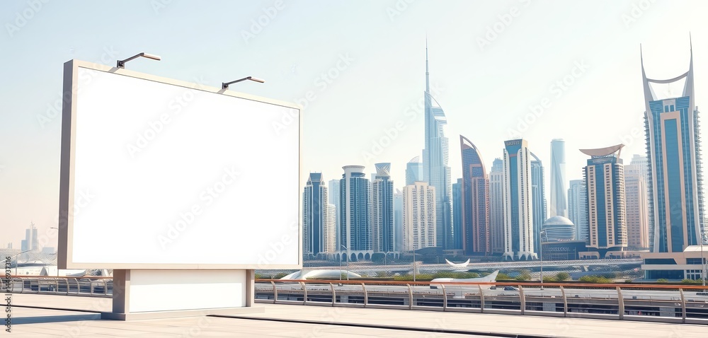 Obraz premium Blank billboard mockup, Dubai skyline, modern architecture, white space, arabic, blue sky