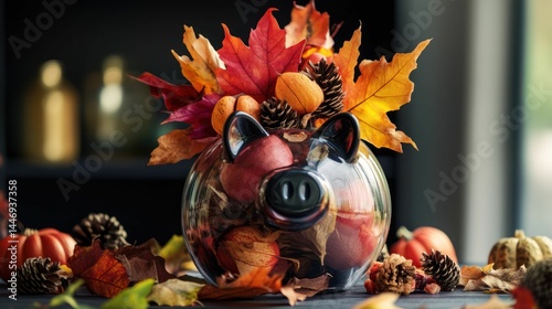 Fall harvest table arrangement of leaves and pumpkins in a piggy bank