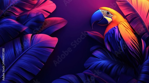 Vivid plumage parrot amid neon foliage, tropical avian scene, exotic bird illustration in captivating colors and lush leaves digital artwork, artistic rendering photo
